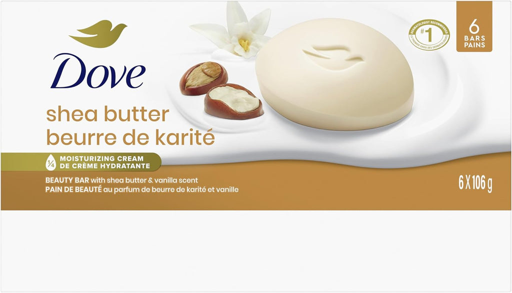 Dove Beauty Bar Soap for Nourished, Radiant Skin, Shea Butter, Enriches Skin, 106g 6 count | 1/4 moisturizing cream, shea butter vanilla scent, daily gentle face body & hand cleanser for nourished radiant skin, 6 bars