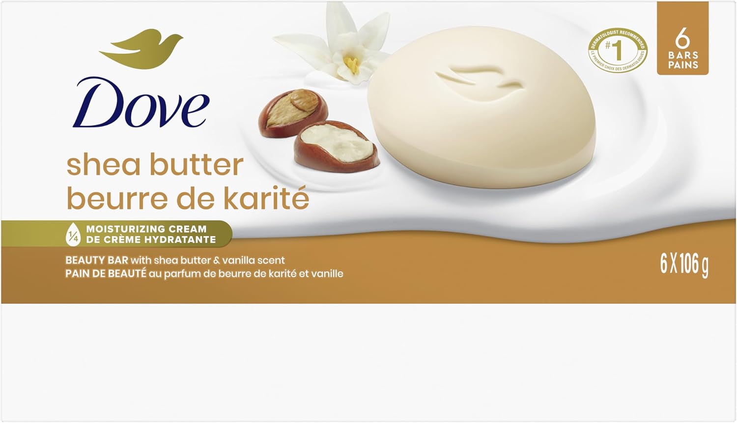 Dove Beauty Bar Soap for Nourished, Radiant Skin, Shea Butter, Enriches Skin, 106g 6 count | 1/4 moisturizing cream, shea butter vanilla scent, daily gentle face body & hand cleanser for nourished radiant skin, 6 bars