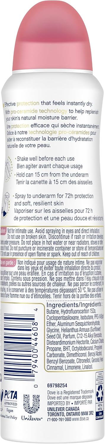 Dove Advanced Care Beauty Finish Dry Spray Antiperspirant Deodorant for Women with ¼ Moisturizers 107 g | Pro-Ceramide Tech, 1/4 moisturizers, freesia rose pear scent, women's antiperspirant deodorant dry spray for 72H protection