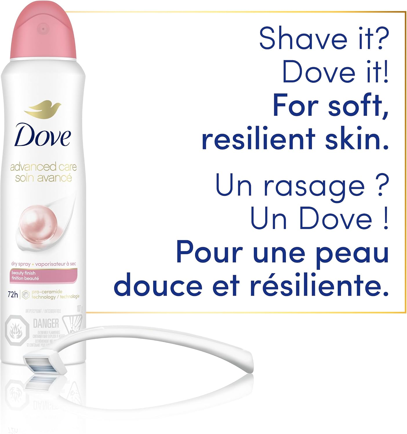 Dove Advanced Care Beauty Finish Dry Spray Antiperspirant Deodorant for Women with ¼ Moisturizers 107 g | Pro-Ceramide Tech, 1/4 moisturizers, freesia rose pear scent, women's antiperspirant deodorant dry spray for 72H protection