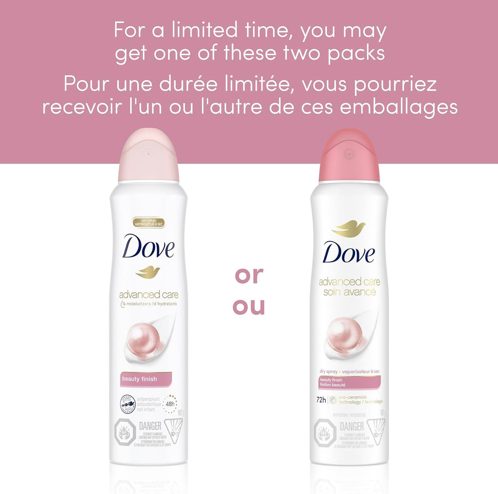 Dove Advanced Care Beauty Finish Dry Spray Antiperspirant Deodorant for Women with ¼ Moisturizers 107 g | Pro-Ceramide Tech, 1/4 moisturizers, freesia rose pear scent, women's antiperspirant deodorant dry spray for 72H protection