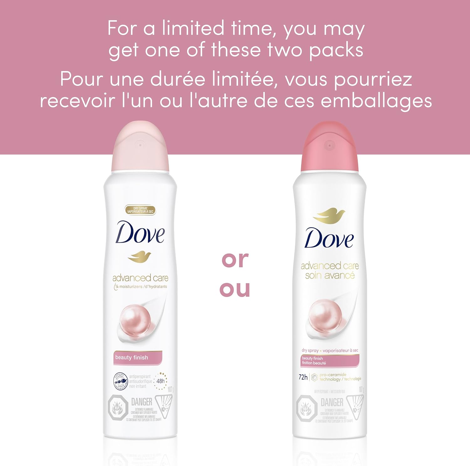 Dove Advanced Care Beauty Finish Dry Spray Antiperspirant Deodorant for Women with ¼ Moisturizers 107 g | Pro-Ceramide Tech, 1/4 moisturizers, freesia rose pear scent, women's antiperspirant deodorant dry spray for 72H protection