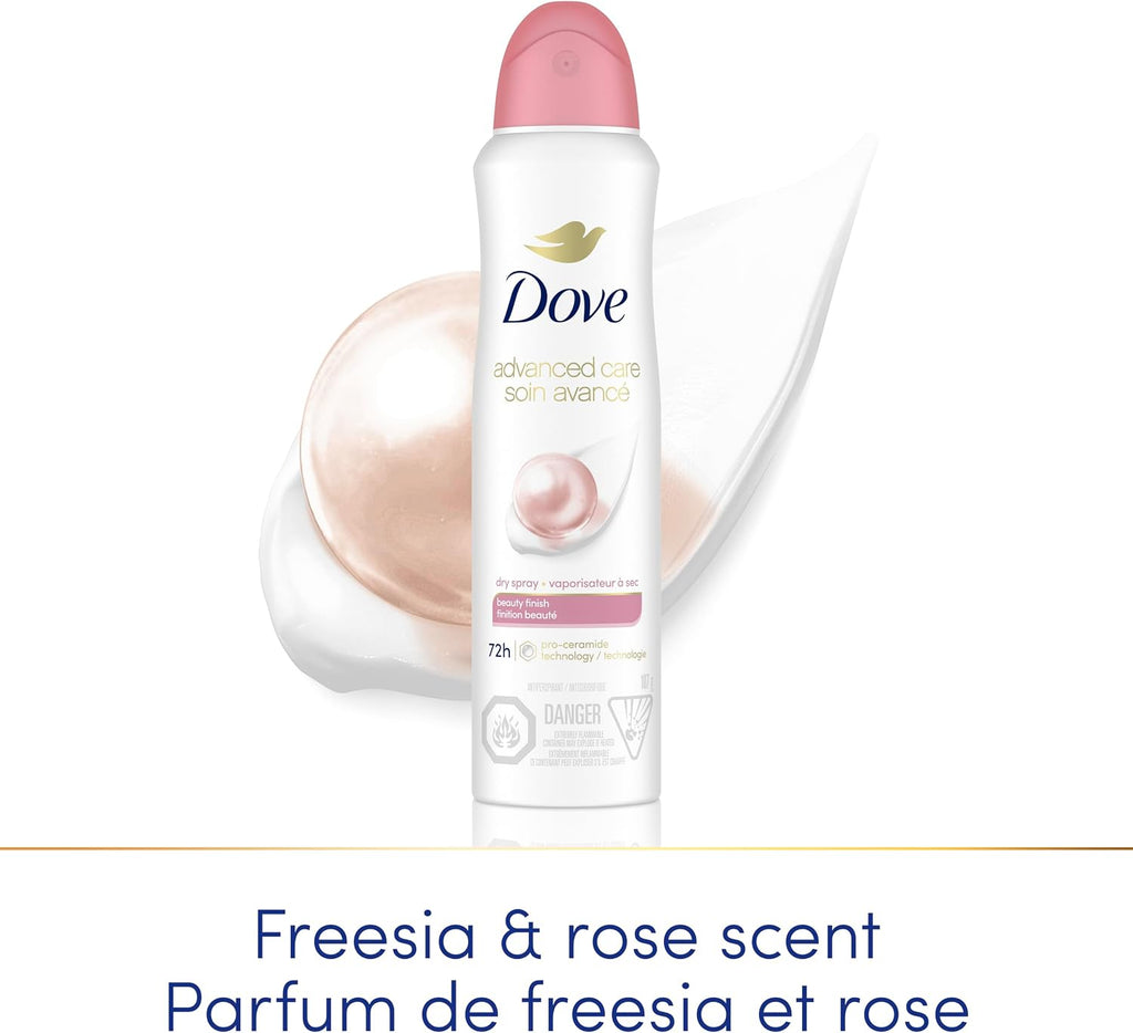 Dove Advanced Care Beauty Finish Dry Spray Antiperspirant Deodorant for Women with ¼ Moisturizers 107 g | Pro-Ceramide Tech, 1/4 moisturizers, freesia rose pear scent, women's antiperspirant deodorant dry spray for 72H protection