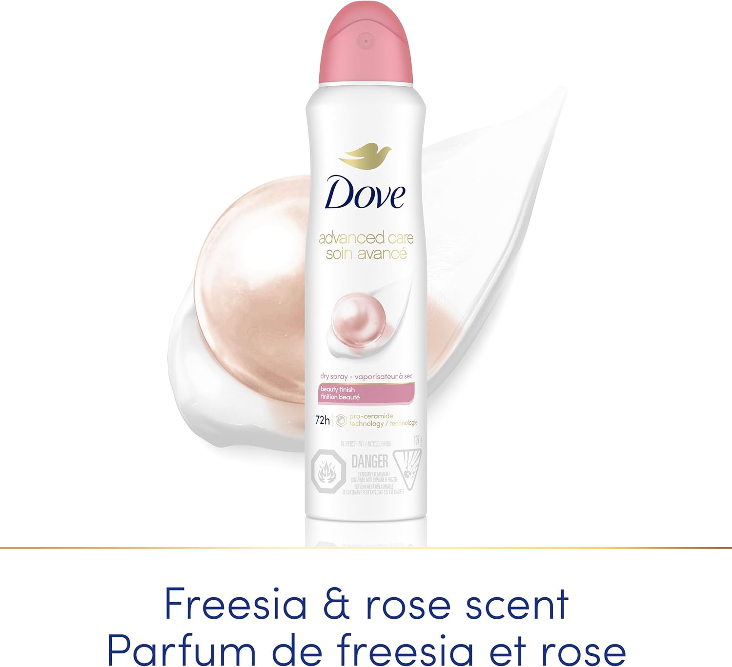 Dove Advanced Care Beauty Finish Dry Spray Antiperspirant Deodorant for Women with ¼ Moisturizers 107 g | Pro-Ceramide Tech, 1/4 moisturizers, freesia rose pear scent, women's antiperspirant deodorant dry spray for 72H protection