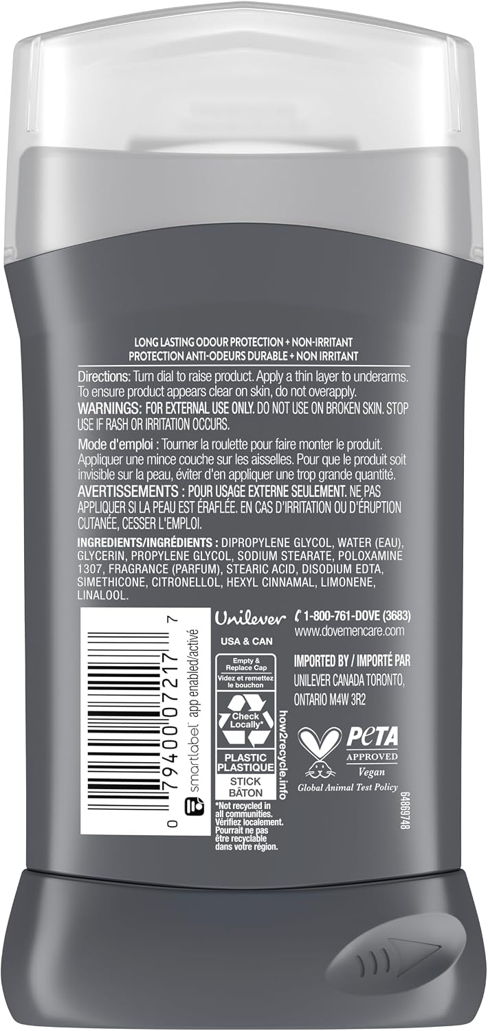 Dove Men+Care Non-Irritant Deodorant Stick Extra Fresh 72H Protection, 85g | Vitamin E, 1/4 moisturizing cream, aluminum-free, non-irritant, citrus scent, men's deodorant stick for 72H odour protection