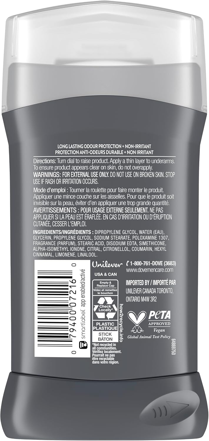 Dove Men+Care Deodorant Stick Clean Comfort 72H Protection, 85g, 4-Pack | 1/4 moisturizing cream, aluminum-free formula, subtle fresh clean scent, men's daily deodorant, 72H odour protection, 4-pack