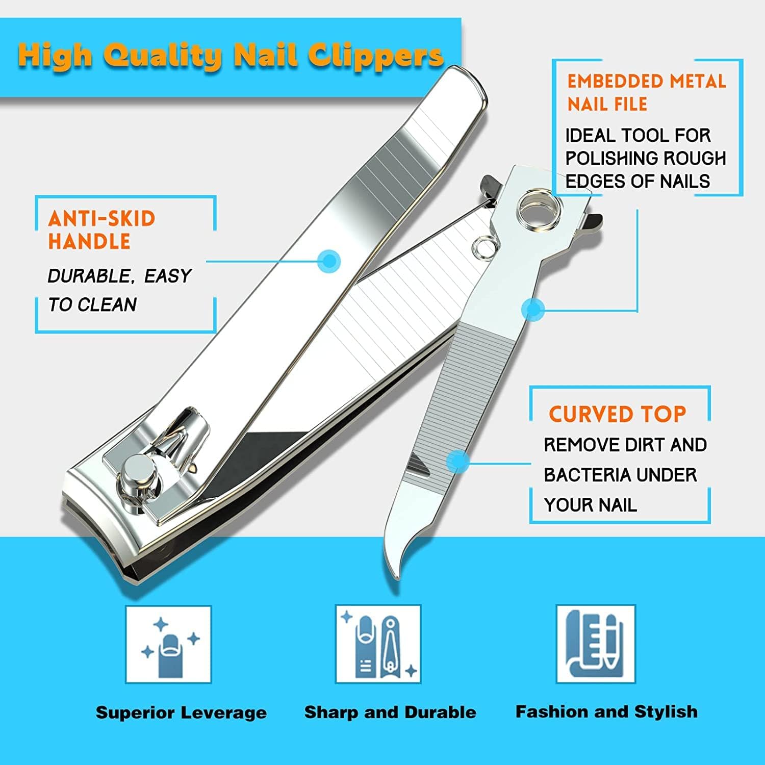Nail Clippers with Nail File,Fingernail Clipper,Toe nail Clippers | Nail Clipper Set (Silver), Large for Toenails,Small for Fingernails, Used Separately, Ideal Gift for Men and Women