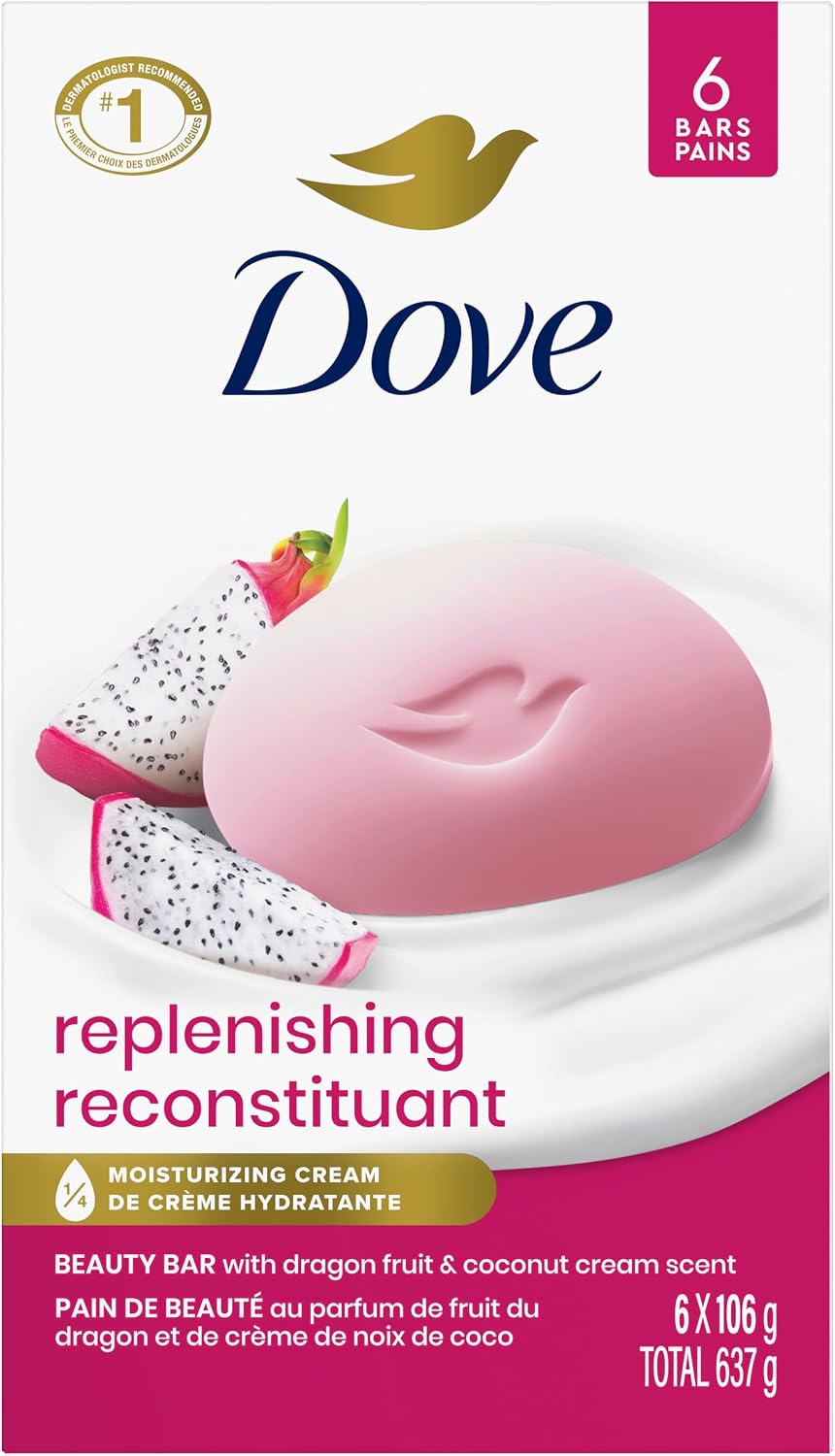 Dove Replenish Beauty Bar Soap Dragon Fruit & Coconut Cream, 106g, 6 Bars | 1/4 moisturizing cream, dragon fruit coconut cream scent, calm gentle body bar soap cleanser for replenished skin, 6 bars