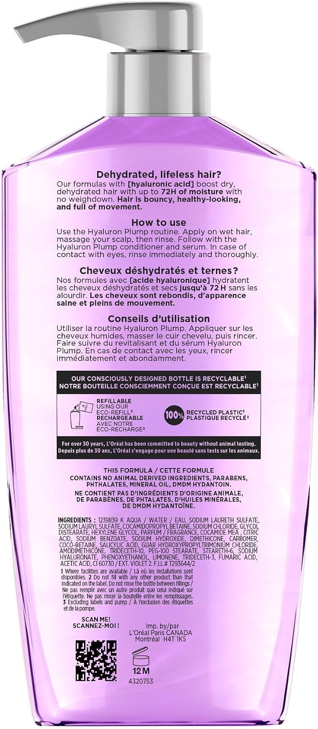 L'Oréal Paris Hair Expertise Hyaluron Plump Hydrating Shampoo with Hyaluronic Acid, for All Types of Dry Hair, Deeply Replumps with Hydration, Moisture and Bounce, 828ml