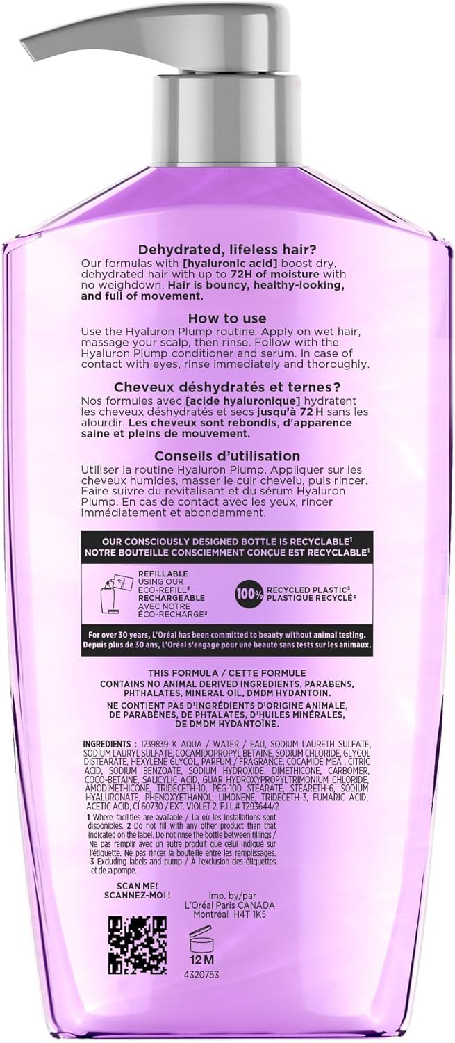 L'Oréal Paris Hair Expertise Hyaluron Plump Hydrating Shampoo with Hyaluronic Acid, for All Types of Dry Hair, Deeply Replumps with Hydration, Moisture and Bounce, 828ml
