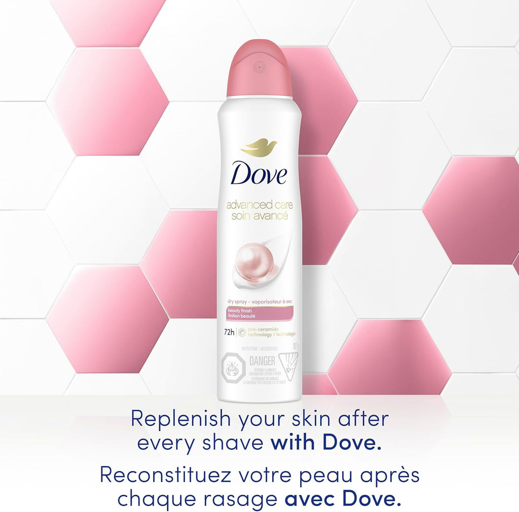 Dove Advanced Care Beauty Finish Dry Spray Antiperspirant Deodorant for Women with ¼ Moisturizers 107 g | Pro-Ceramide Tech, 1/4 moisturizers, freesia rose pear scent, women's antiperspirant deodorant dry spray for 72H protection