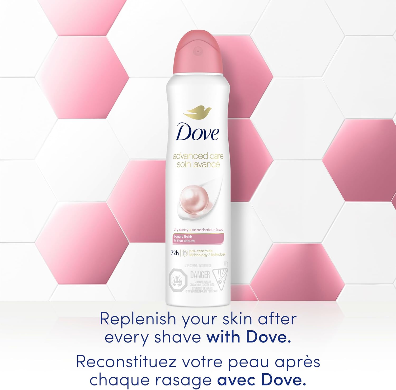 Dove Advanced Care Beauty Finish Dry Spray Antiperspirant Deodorant for Women with ¼ Moisturizers 107 g | Pro-Ceramide Tech, 1/4 moisturizers, freesia rose pear scent, women's antiperspirant deodorant dry spray for 72H protection