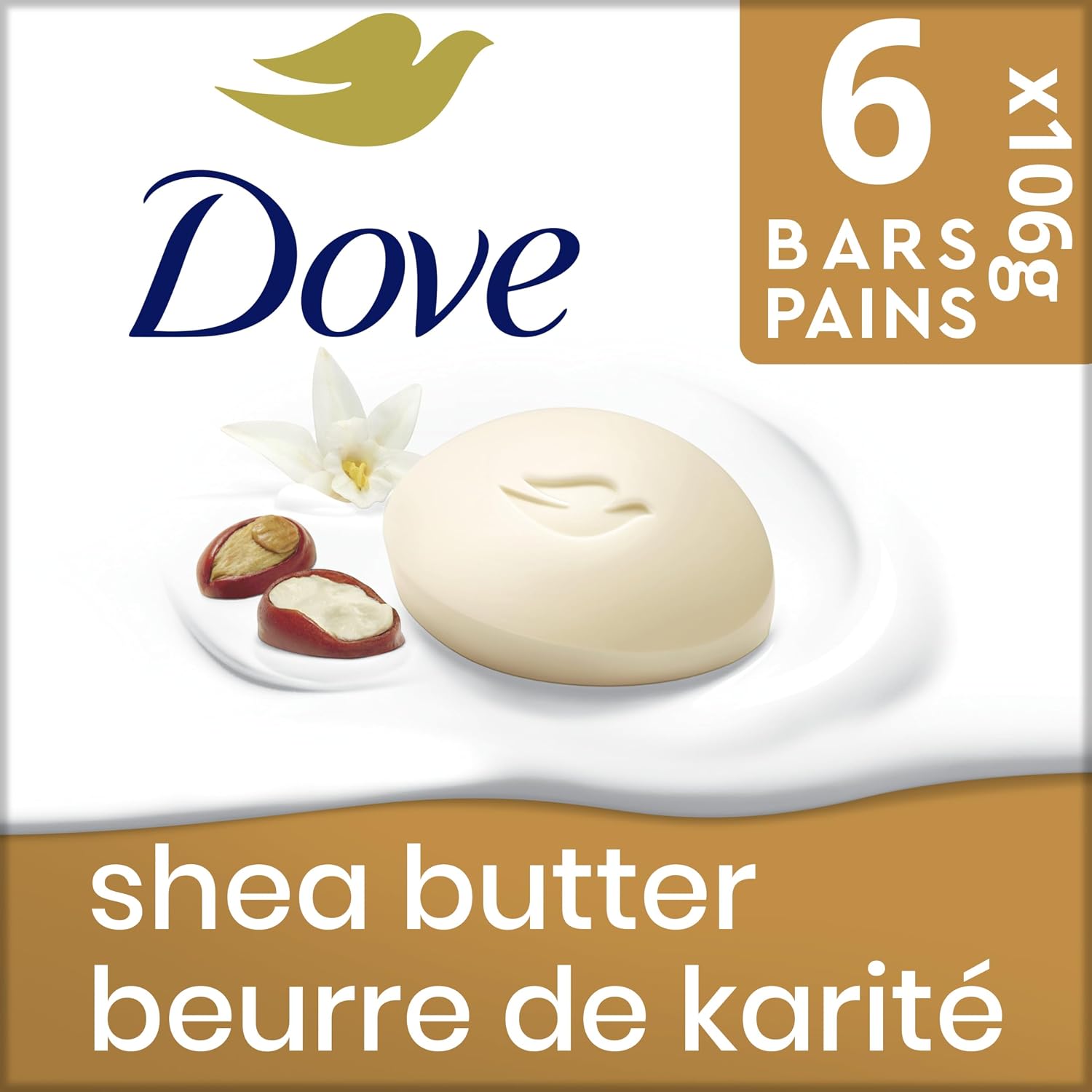 Dove Beauty Bar Soap for Nourished, Radiant Skin, Shea Butter, Enriches Skin, 106g 6 count | 1/4 moisturizing cream, shea butter vanilla scent, daily gentle face body & hand cleanser for nourished radiant skin, 6 bars