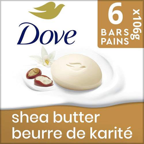 Dove Beauty Bar Soap for Nourished, Radiant Skin, Shea Butter, Enriches Skin, 106g 6 count | 1/4 moisturizing cream, shea butter vanilla scent, daily gentle face body & hand cleanser for nourished radiant skin, 6 bars
