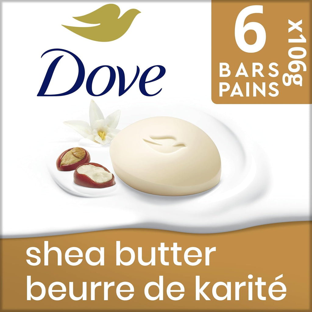 Dove Beauty Bar Soap for Nourished, Radiant Skin, Shea Butter, Enriches Skin, 106g 6 count | 1/4 moisturizing cream, shea butter vanilla scent, daily gentle face body & hand cleanser for nourished radiant skin, 6 bars