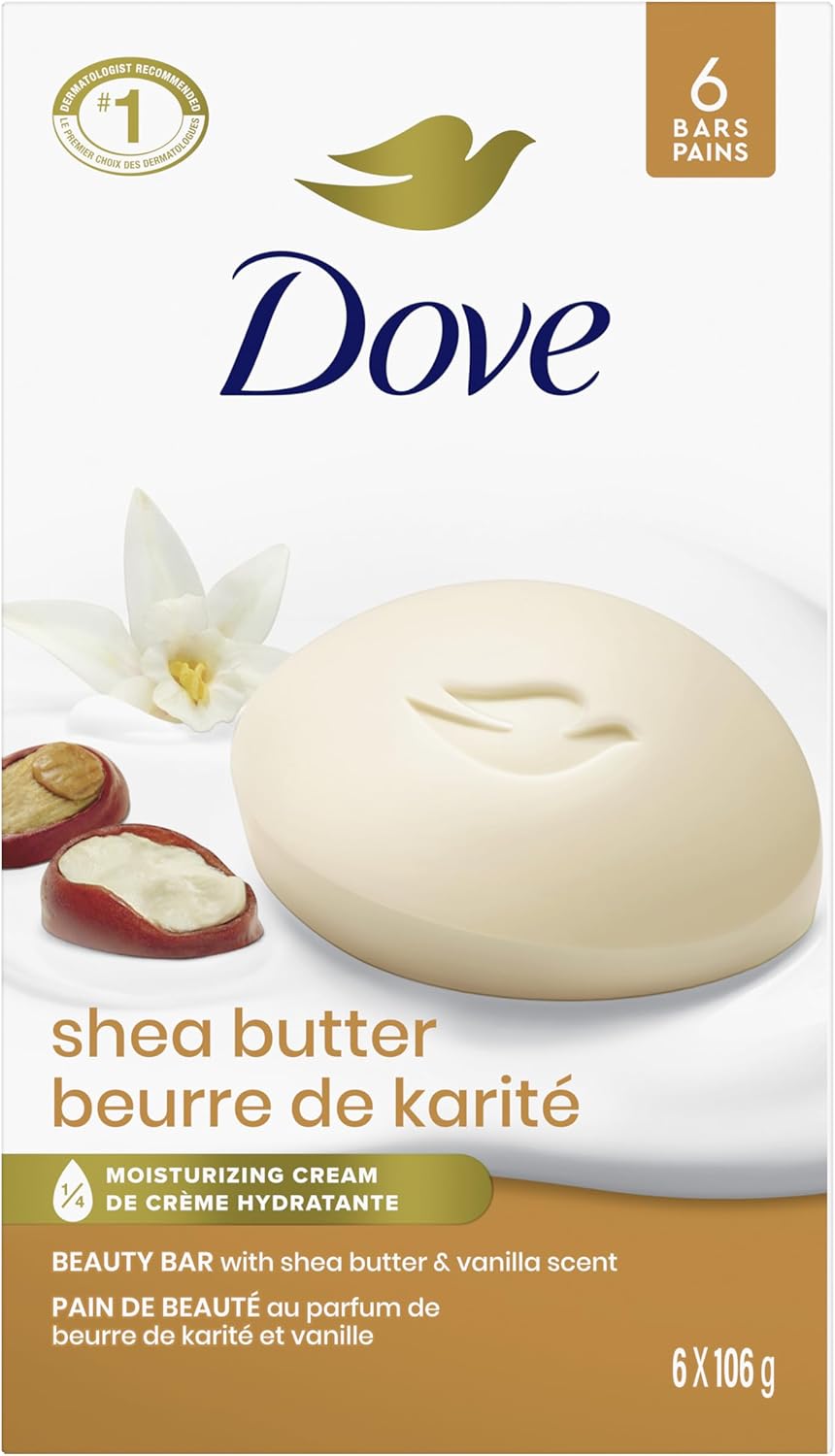Dove Beauty Bar Soap for Nourished, Radiant Skin, Shea Butter, Enriches Skin, 106g 6 count | 1/4 moisturizing cream, shea butter vanilla scent, daily gentle face body & hand cleanser for nourished radiant skin, 6 bars