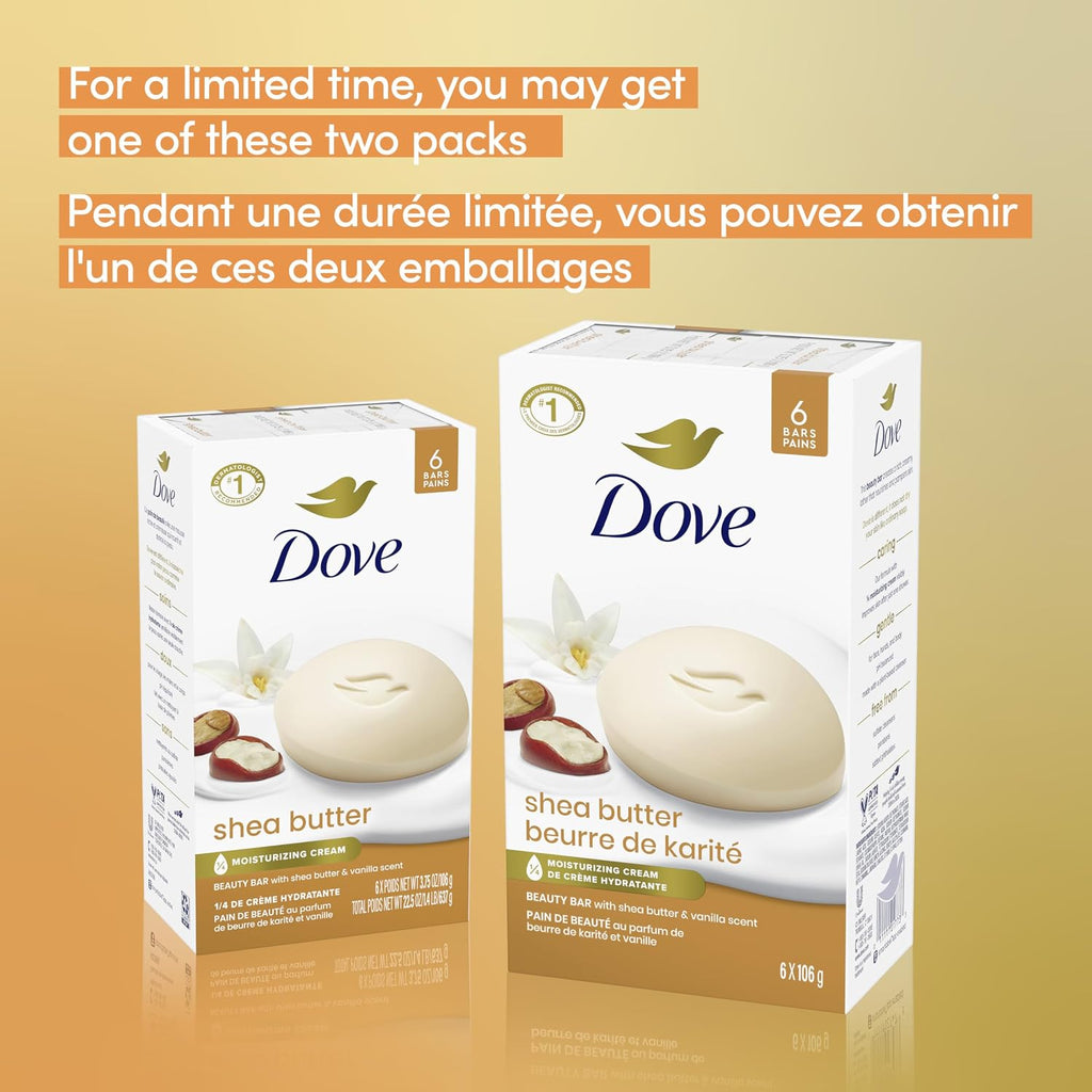 Dove Beauty Bar Soap for Nourished, Radiant Skin, Shea Butter, Enriches Skin, 106g 6 count | 1/4 moisturizing cream, shea butter vanilla scent, daily gentle face body & hand cleanser for nourished radiant skin, 6 bars