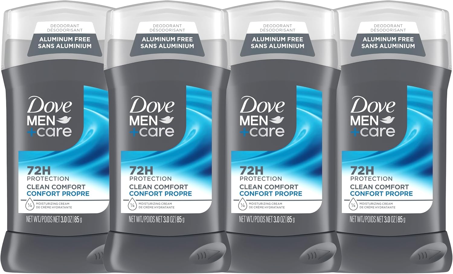 Dove Men+Care Deodorant Stick Clean Comfort 72H Protection, 85g, 4-Pack | 1/4 moisturizing cream, aluminum-free formula, subtle fresh clean scent, men's daily deodorant, 72H odour protection, 4-pack