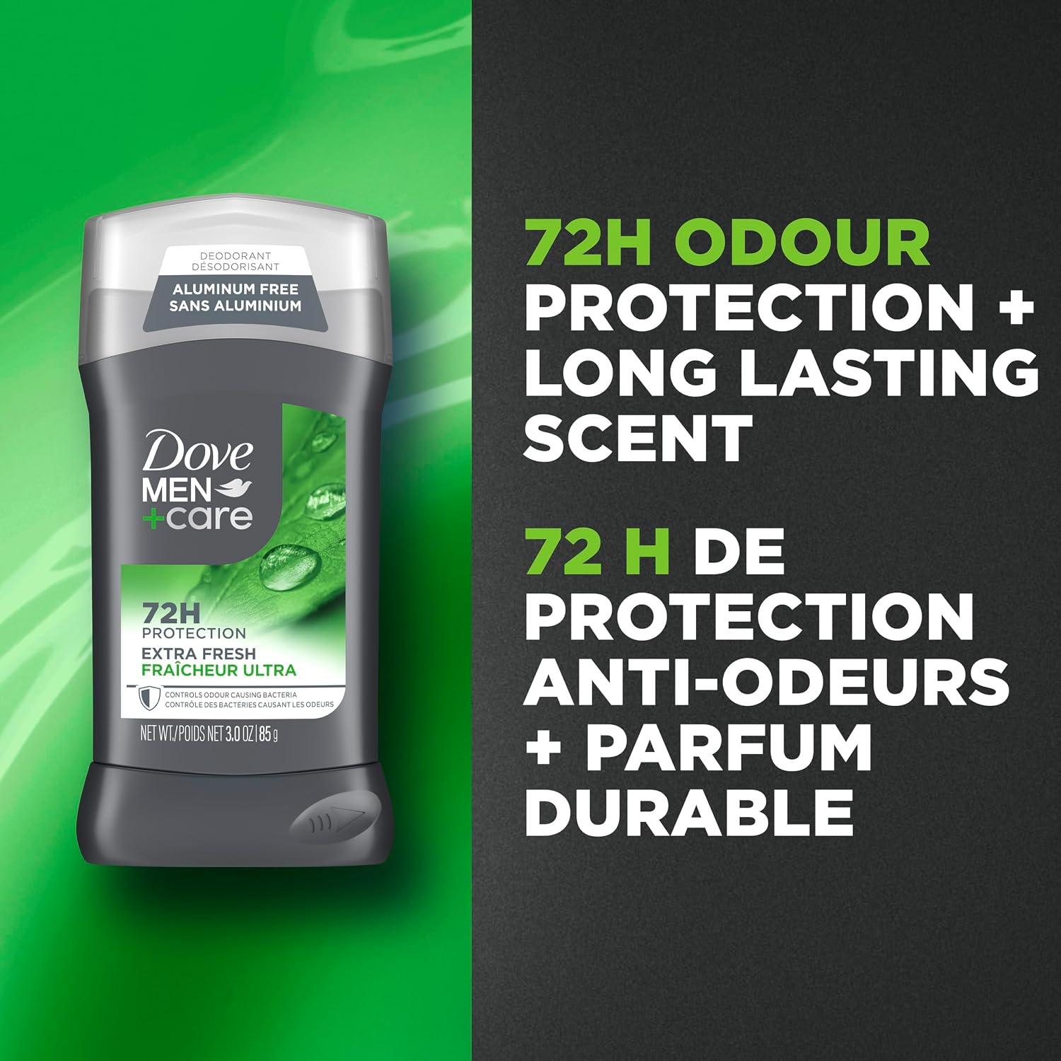 Dove Men+Care Non-Irritant Deodorant Stick Extra Fresh 72H Protection, 85g | Vitamin E, 1/4 moisturizing cream, aluminum-free, non-irritant, citrus scent, men's deodorant stick for 72H odour protection