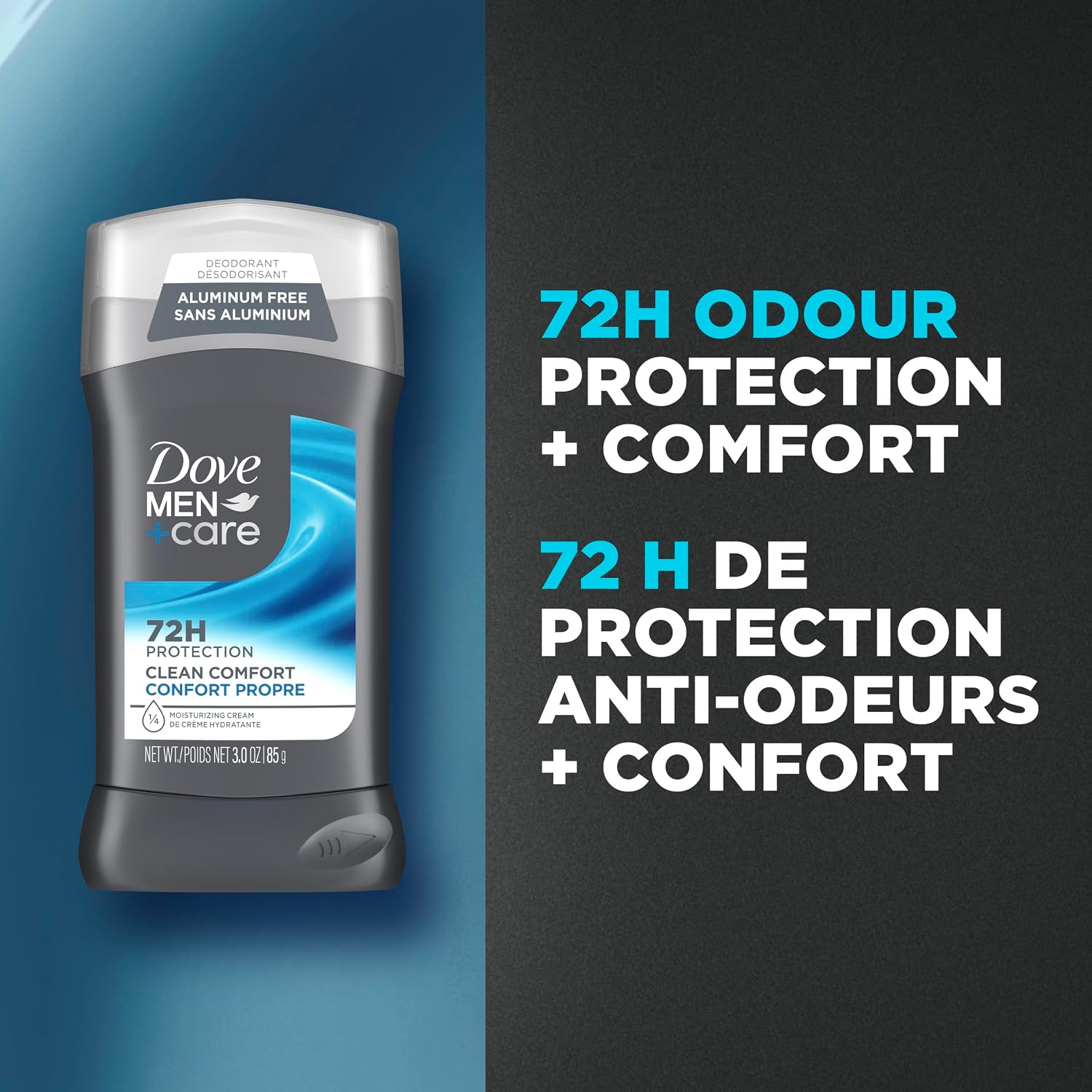 Dove Men+Care Deodorant Stick Clean Comfort 72H Protection, 85g, 4-Pack | 1/4 moisturizing cream, aluminum-free formula, subtle fresh clean scent, men's daily deodorant, 72H odour protection, 4-pack